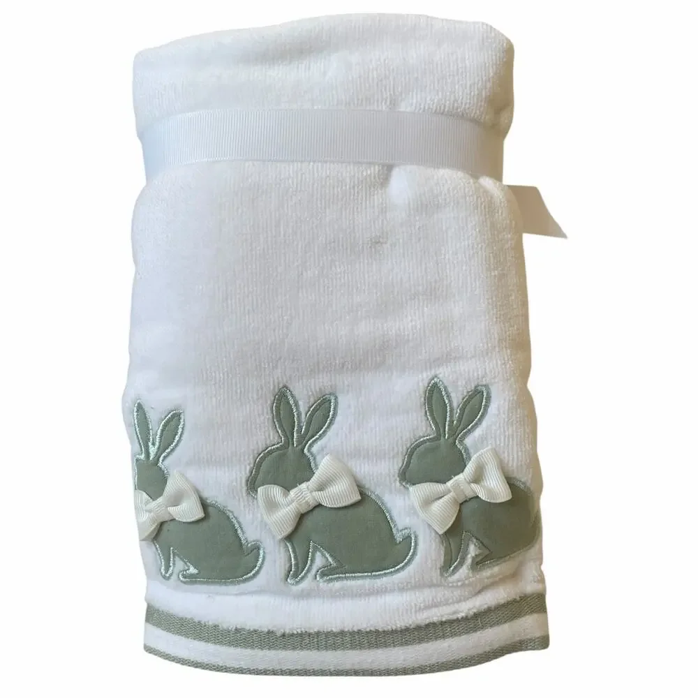 Caro Easter Bunny w/ Bow Hand Towels 2pc 16x28 Embroidered Green & White NEW